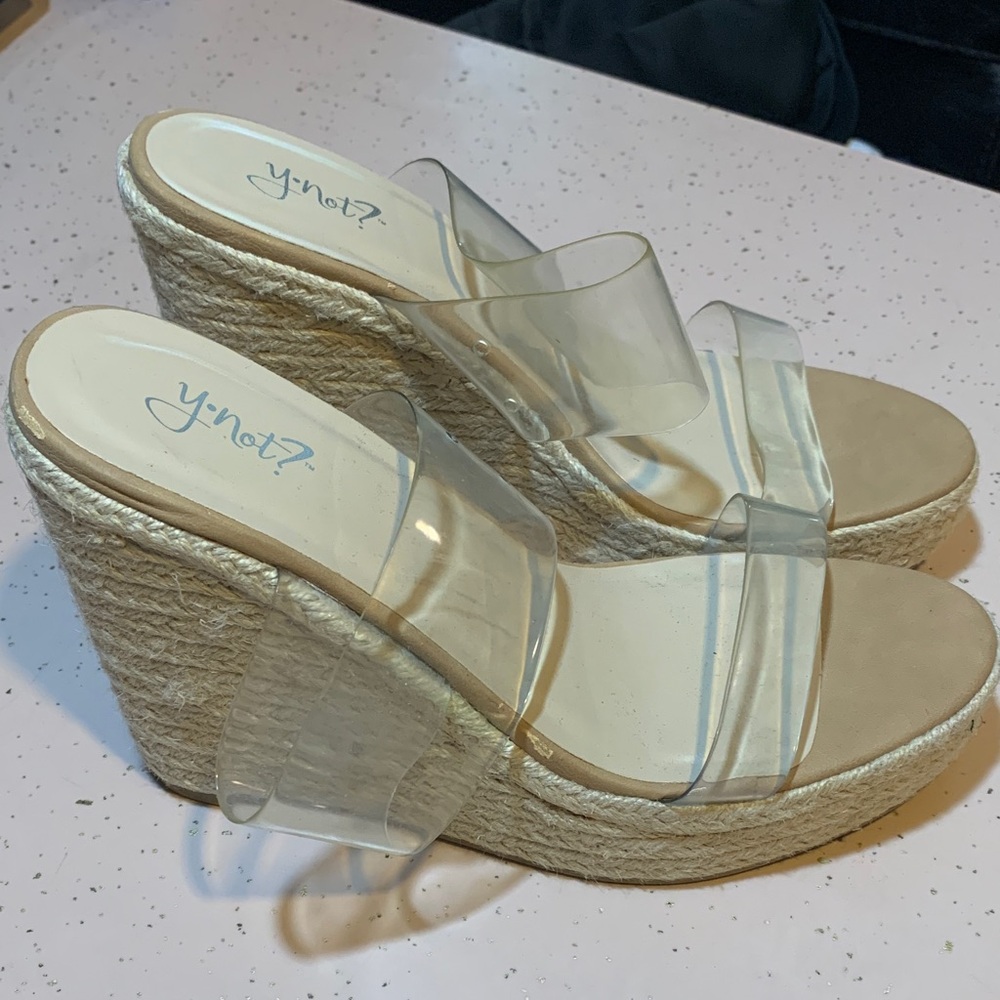 This is a pair of y'not? clear-strap espadrille platform wedge sandals.